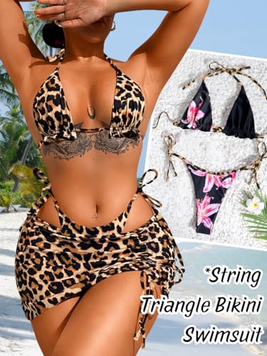 Image of ShawGobow Womens 3 Piece Leopard Bikini Set,Triangle String High Cut Thong Sexy Swimsuit & Coverup Skirt,Pool Party Outfit