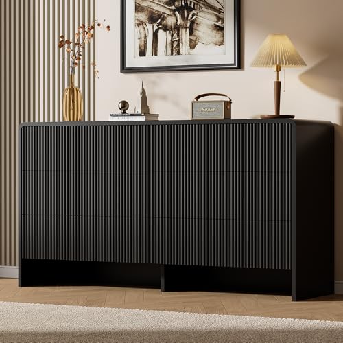 Image of Furniway Black 6 Drawer Dresser for Bedroom, 55.1 inch Wide Chest of Drawers