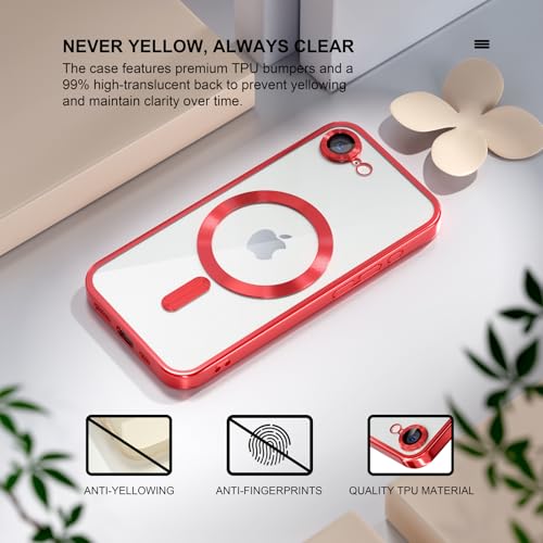 Image of Misea Magnetic for iPhone 17e / 16e Case Compatible with MagSafe Red | [Never Yellowing] [Military Drop Protection] Full Camera Lens Protector Plating Soft Clear Phone Case for Women, Red