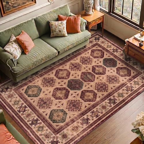Image of Medallion Vintage Look Carpet for Living Room Bedroom Dining Room | Washable Area Rug with Non Slip TPR Backing | Modern Floor Carpet for Home(Design09-5x7 Feet)