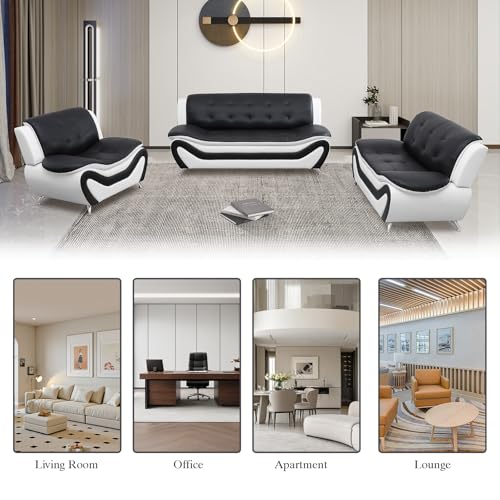 Image of Faux Leather Sofa Set, 3 Piece Living Room Furniture Set - Modern Couch Set with Loveseat & Chair, Small Space Sofa Set for Apartment, Office or Reception Room, Black & White
