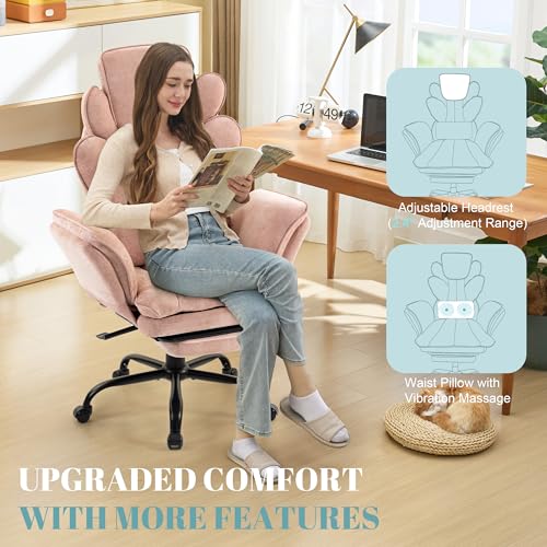 Image of Flip Armrests Criss Cross Office Chair, Reclining Office Chair with Foot Rest, Adjustable Headrest, Massage Waist Pillow, Cross Legged Big and Tall Desk Chair Wide Seat Vanity Chair, Pink Fabric