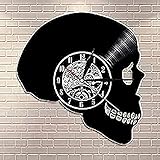 壁掛け時計 電池式 サイレント カチカチしない スカルヘッド シルエット 壁掛け時計 スケルトンヘッド ビニールレコード 壁掛け時計 ハロウィン ホラー デスボーン ホームデコレーション スカル ウォールアート メジャー