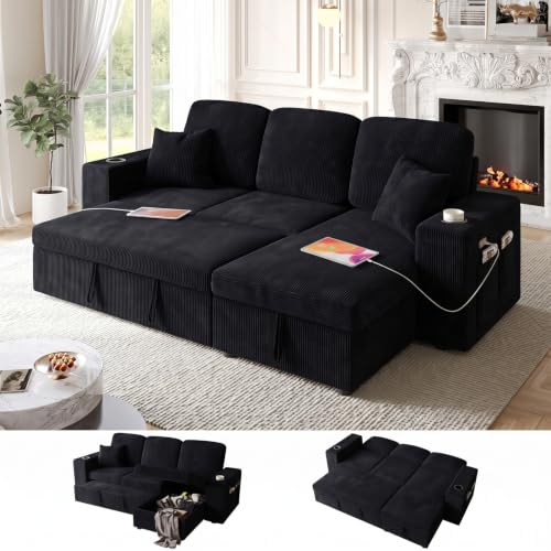 Image of 90 Inch Modular Sectional Sleeper Sofa Bed, 4 in 1 Pull Out Couch Bed with Reclining Backrest | Reversible Storage Chaise | Wide Armrest | Tool Free Assembly, Chenille Fabric, Corduroy Black
