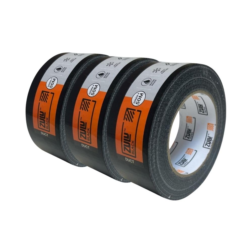 Zulu Premium Black Duct Tape 50mm x 50m - Strong Adhesive, Heavy Duty Tape for Decorating Builders DIY Renovating - Waterproof, UV Resistant, Indoor & Outdoor | (3 Pack)
