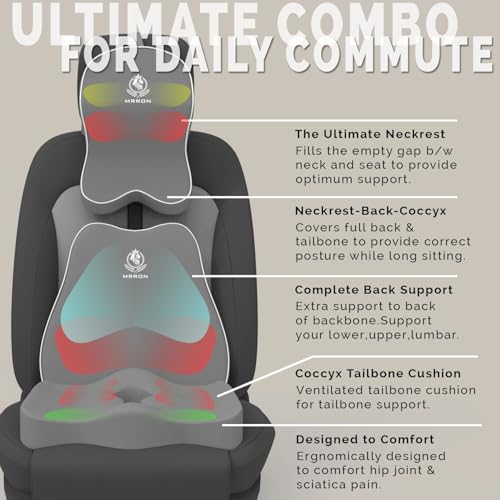 Image of MRRON Memory Foam Car Seat Cushion Combo - Backrest, Coccyx Cushion & Neckrest - Orthopedic Support for Back, Tailbone, Sciatica & Neck Pain - Ergonomic Comfort for Car, Office. (Grey, Slim Backrest)