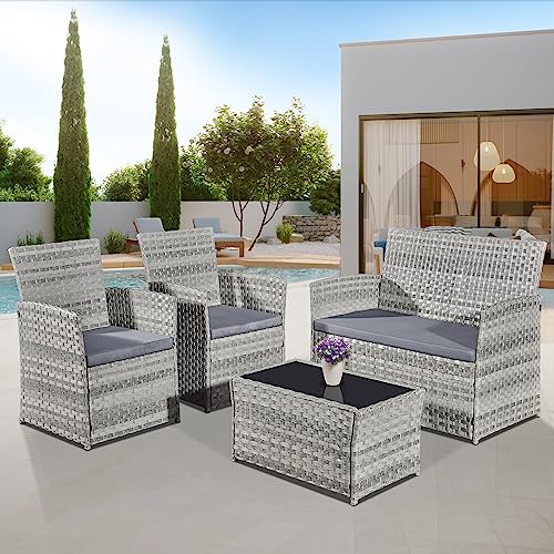 ASOWNSUN Grey Rattan Garden Furniture Set 4 piece Chairs and Table, Indoor Outdoor Patio Conversation Set - Image 2