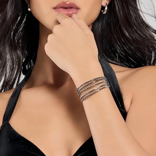Jojomina Black Bracelets for Woman Multilayer Rhinestone Cuff Bracelet Costume Jewelry for Prom Pageant Party Wedding2