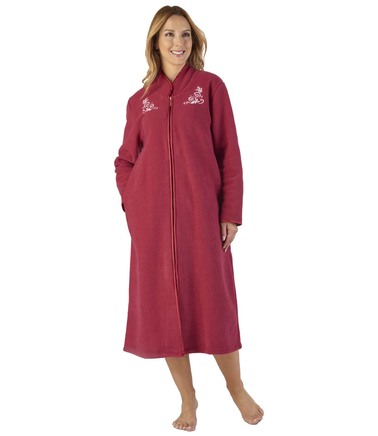 Slenderella Women's Zip Through Dressing Gown, Soft Boucle Fleece Embroidered Housecoat (Raspberry, XL, UK 20-22)