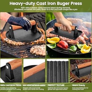 Burger Press, Blackstone 7” Round Heavy-Duty Cast Iron Smash Meat Steak with Wooden Handle for Blackstone Griddle, Ideal for Patty, Panini, Steak & Sandwiches, Nonstick Pan Burger Press Blackstone 7 Round Heavy Duty Cast Iron Smash Meat Steak with Wooden Handle for Blackstone Griddle Ideal for Patty Panini Steak Sandwiches Nonstick Pan