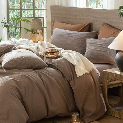 Image of MooMee Wavy Striped Duvet Cover Set 100% Washed Cotton Linen Like Textured Breathable Durable Soft Comfy (Brown, Alaska King 132 inchx120 inch)