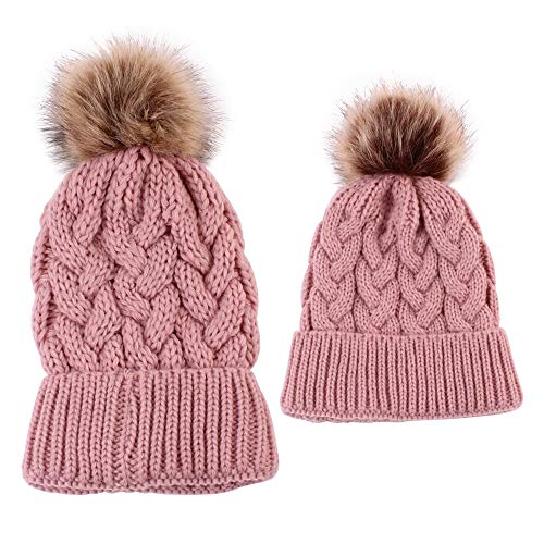 2PCS Bebé Sombreros y Gorras Gorro de Punto para Madre y bebé Gorro a Juego con la Familia Gorro de esquí más cálido para Invierno (Rosado) Cover