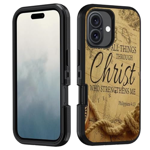 BWOOLL for iPhone 16 Case, Heavy Duty 3 in 1 Hybrid Hard PC & Soft Silicone [Military Grade] Shockproof Drop Protection Case for iPhone 16 (6.1" 2024), Nautical Map Bible Verse Philippians 4:13