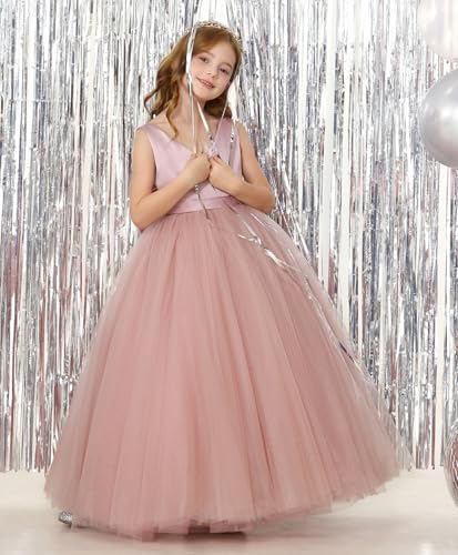 JISISANG Satin Tulle Flower Girl Tutu Dress for Wedding Formal Holiday First Communion Dress with Bow3
