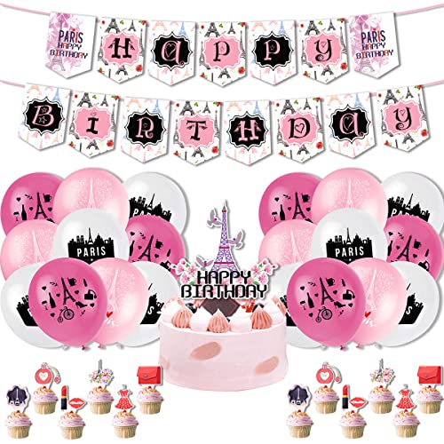 Paris Party Decorations Eiffel Tower Paris Themed Birthday Banner Balllons Cake Cupcake Toppers for...