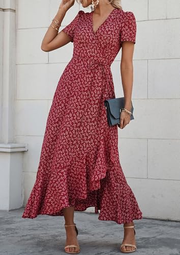 Image of PRETTYGARDEN Women's Summer Wrap Maxi Dress Casual Boho Floral V Neck Short Sleeve Ruffle Hem Split Beach Long Dresses