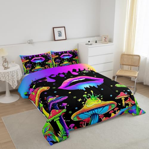 Image of Feelyou Rainbow Mushroom Comforter Set King, Mushroom Sexy Lips Bedding Set for Kids Aesthetic Funny Purple Moon Galaxy Comforter Boys Girls Hippie Star Cool Art Duvet Set with 2 Pillow Case