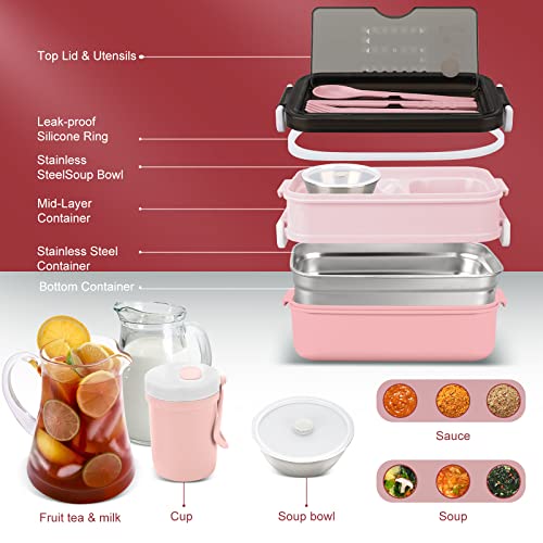 Savton Adult Bento Lunch Box Kit, Bento Boxes Portable Lunch Box, Adult Bento Box With Lunch Bag, Bento Lunch Containers For Women, 1200Ml Large Capacity Lunchbox Bpa-Free(Pink Metal) #TOP3
