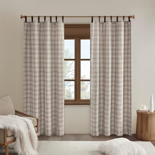 Image of Madison Park Anaheim Cabin Plaid Curtain Window, Thermal Insulated Fleece Lining, Living Room Decor Room Darkening Drape for Bedroom, 1-Single Panel Pack, 50x95 Faux Leather Tab Top, Brown