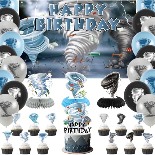 Image of Tornado Birthday Party Decorations - Tornado Party Supplies including Happy Birthday Banner, Spirals, Cake Toppers, Table Centerpieces, Balloons, Tablecloth (BJ)