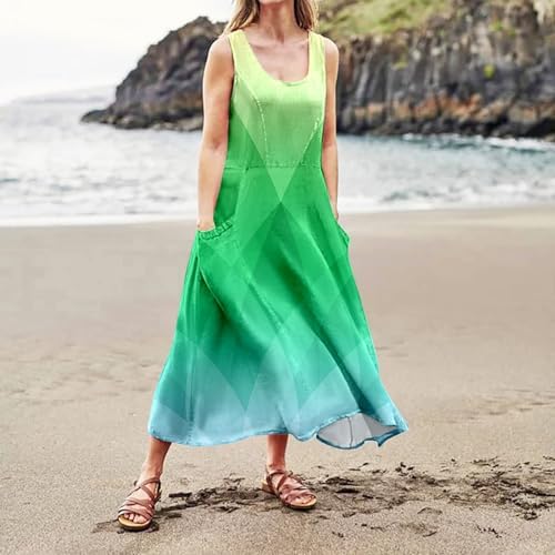 Summer Dress Women's Lightweight Summer Long Dress Sleeveless Swing Casual  Dress Flowing Flower Dress Summer Dresses Women's Long Boho Maxi Dress Long  Ball Dress Beach Dress, Green, L Extra Tall : Amazon.ie: