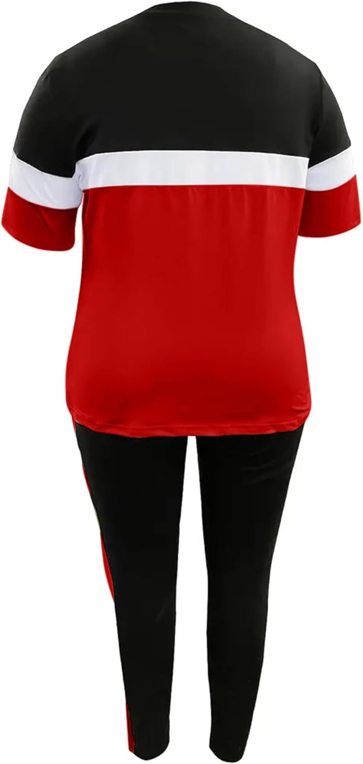 LovelyWholesale Plus Size 2 Piece Outfits for Women Color Block Tracksuit Short Sleeve Top and Pants Set - Image 4