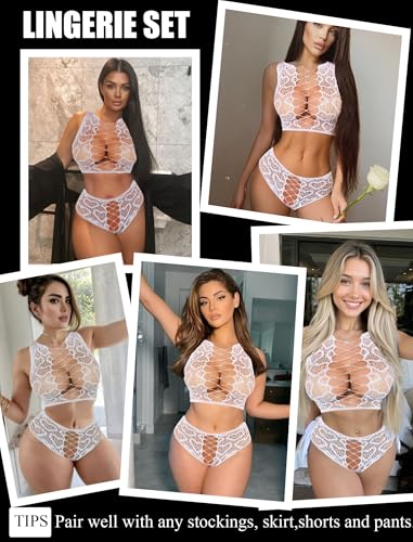 Image of Avidlove Womens Fishnet Lingerie Set Sexy Two Piece Lingeries Hollow Out Stripper Outfit Heart Print Mesh Crop Tops