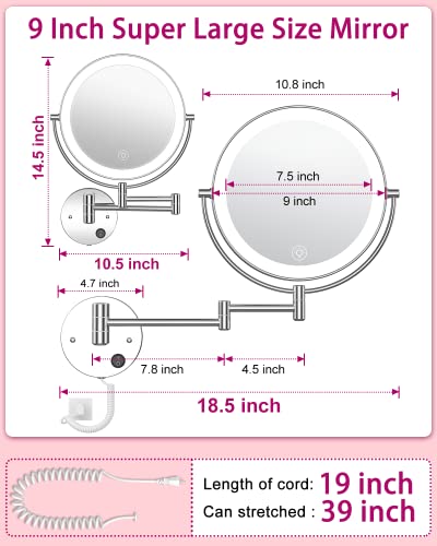 Benbilry 9” Wall Mounted Lighted Makeup Vanity Mirror With 3 Color Dimming Lights, Super Large Size 1X/10X Magnifying Double Sided Led Cosmetic Mirror, 360° Swivel Extendable Round Shaving Mirror #TOP4