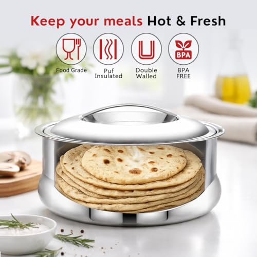 Image of AVIAS Ruby Press Type Stainless Steel 2000ml Casserole | Double Walled PUF Insulated Roti & Chapati Hot Box for Kitchen | Hot case for Rice & Gravy | 2L