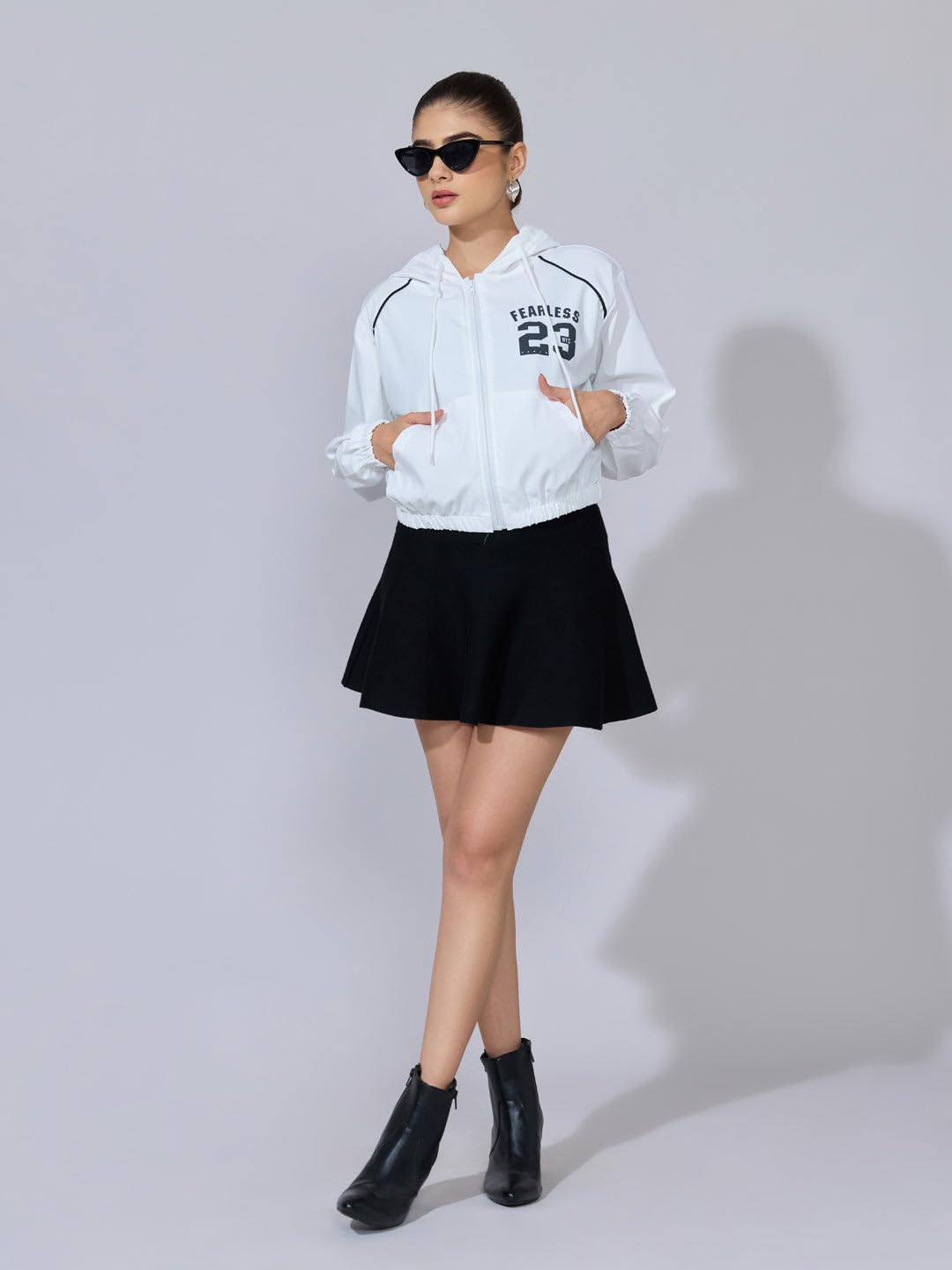 SHOWOFFFF Women Graphic Bomber Jacket | Hooded Full Sleeves Nylon Jacket for Womens | Regular Fit Regular Length Jacket for Women's | WhiteBlack-L 4
