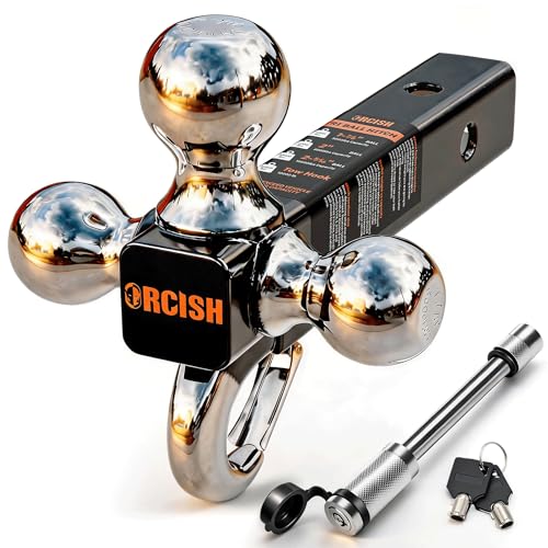 Image of ORCISH Tri-Ball Trailer Hitch with Self-Lock Latch & Hook, Chrome Trailer Ball Size 1-7 /8 inch, 2 inch and 2-5 /16 inch, Fit 2 Inch Hitch Receiver, Anti-Theft Locking Tow Hitch Mount, 10,000 lbs Max Capacity