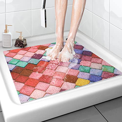 Tapis de Douche antidérapant, 60*60cm, Tapis de Bain de Sécurité Confort Doux avec Trous de Drainage, Tapis de Douche de Massage en PVC Luffa pour Zones...