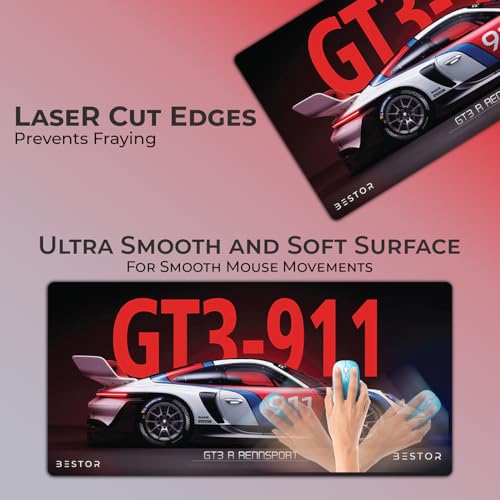 Image of BESTOR Extended Mouse Pad 23x11 Inch, GT3 R-911 RENNSPORT Racing Car Design Desk Mat, Anti-Slip Rubber Base, Smooth Surface for Gaming, Office & Keyboard