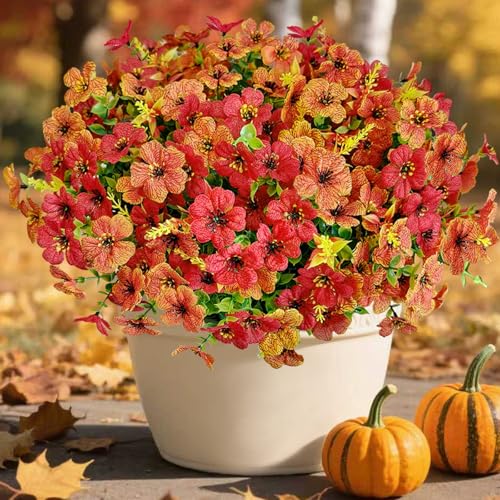 Cherica 24 Pcs Outdoor Fall Decor, Fall Flowers Artificial for Decoration, Artificial Mums for Outdoors, Fake Faux Mums for Outside Half Sphere, Plastic Flowers for Outdoors Home Porch