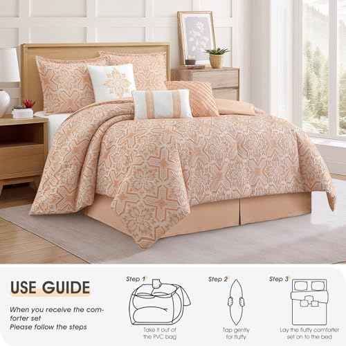 Image of LANCO MODERN LIFESTYLE 7 Pieces Orange Comforter Set, California King, Jacquard with Matching Solid Microfiber Piecework, Snowflake Linear Textures, Includes Bed Skirt, Shams, and Decor Pillows