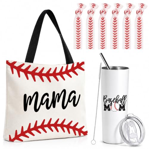 Sieral 8 Pcs Baseball Mom Gift Set, Canvas Tote Bag 20oz Tumbler Hair Ties