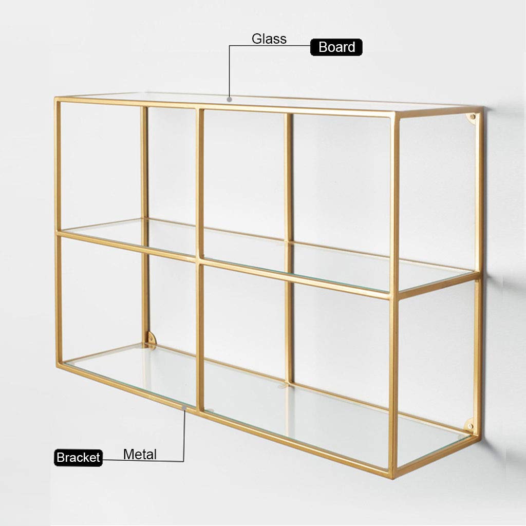 Estantería de Pared Rectangular Moderno, El Vidrio Y El Metal de Oro Decorativo de La Pared Montado Estante Estante de Almacenamiento, Ideal para El Dormitorio, Salón, Baño, Tienda de Ropa
