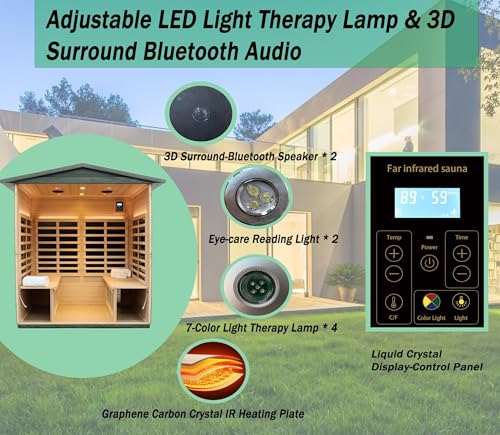Image of LTCCDSS Carbonized Composite Wood Outdoor Sauna 4-Person - Low EMF Far Infrared Sauna for Home - Bluetooth Speakers, LED Reading Lamps, Chromotherapy Lights (68.1 * 52.4 * 82.7 inch)
