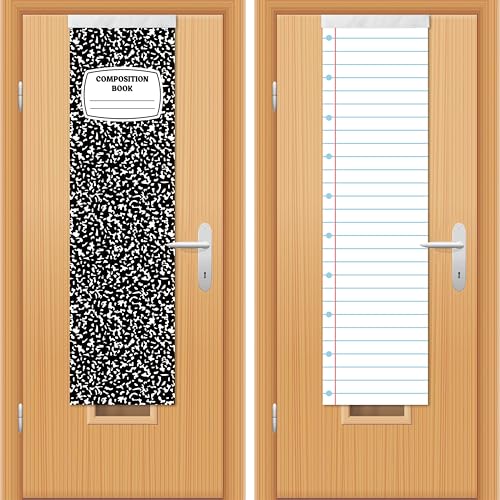 Haooryx Back to School Classroom Door Window Cover - 2Pcs Composition Notebook Curtain Blackout Shades Front Door Decoration Darkening Glass Window Cover for Nursery School Classroom Office Supplies