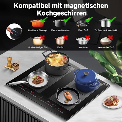 AMZCHEF Induktionskochfeld 60cm mit 2 Flexzonen, 4 Zonen Induktionskochplatte mit leisem Betrieb, 9 Leistungsstufen und Booster - BBQ Funktion, Pausenfunktion und Warmhalten, 7400W
