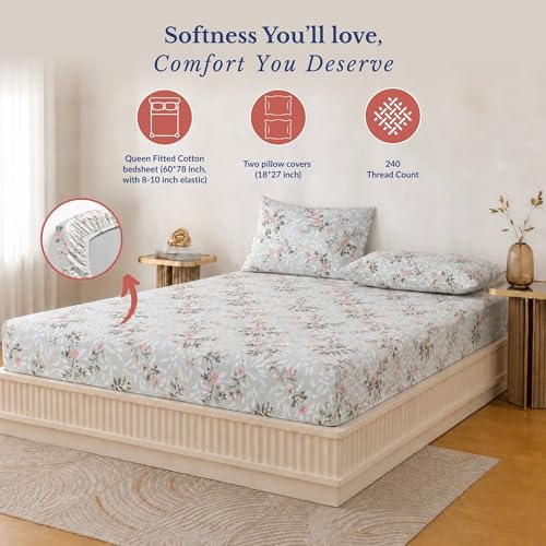 Image of Jaipur Weaves Queen Size Elastic Fitted Bedsheet, 100% Pure Cotton Double Bed Fitted Bedsheet with 2 Pillow Covers, 240 TC, 60x78 Inches up to 8-inch Mattress, Floral (Spring Tulips Grey)