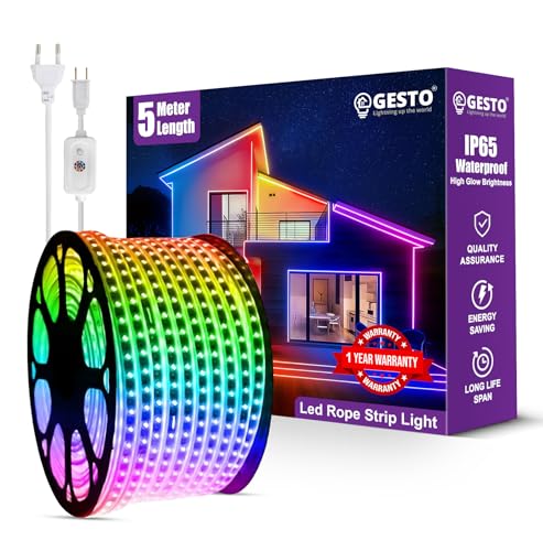 Image of Gesto 5 Meter Rope Led Strip Lights - High Brightness Outdoor Lights Waterproof for Balcony,Home Decor,False Ceiling | RGB Strip Light for Diwali Decoration with Mode Change Controller (Multicolor)