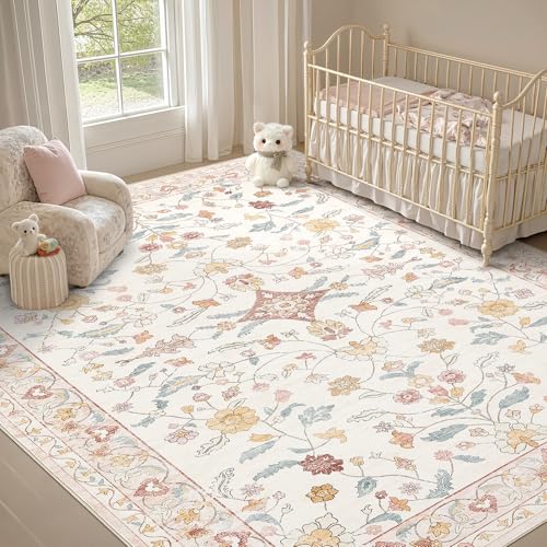 Image of Nursery Rug 8x10 for Kids & Girls - Washable Vintage Large Floral Pink Area Rugs - Ultra Thin Stain Resistant Non Slip Carpets for Kids Playroom, Living Room, Bedroom, Dining Room, Office - Pink