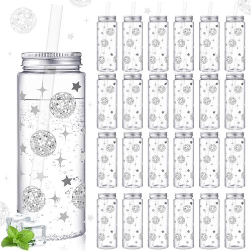 Reallnaive 24 Pcs Disco Ball Cups Plastic Disco Ball Cups Bulk 14.2 oz Reusable Party Tumblers with Straws and Lids for Wedding Bridal Shower Cowgirl Birthday 70s 80s 90s Supplies