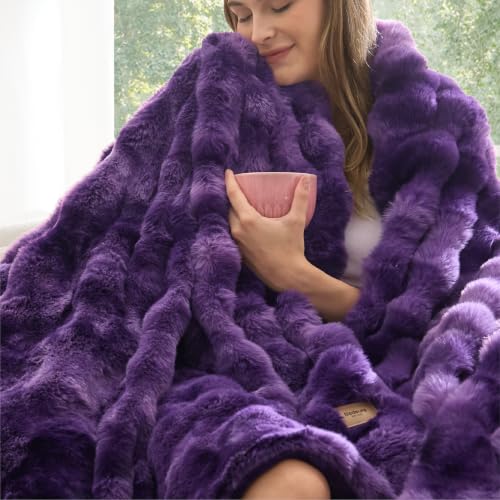Image of Bedsure Fluffy Bubble Faux Fur Throw XL Blanket, 50 inchx70 inch, Tie-dye Purple
