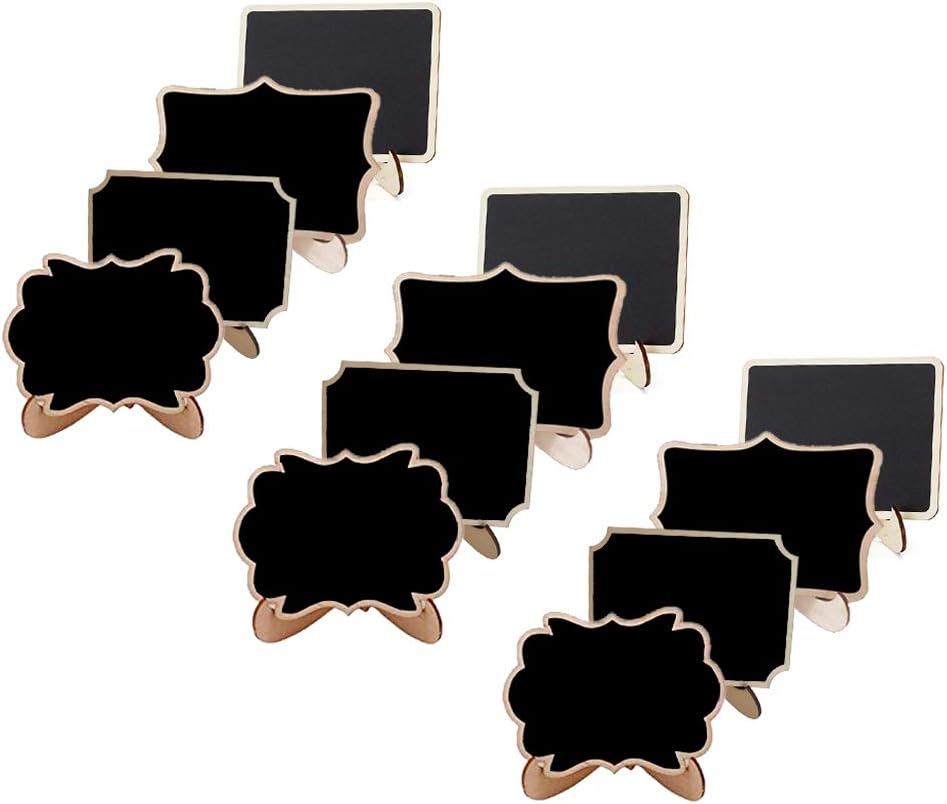 12 Pack Mini Chalkboard Signs with Stand,4 Styles Small Wood Chalkboards Blackboard for Food Signs