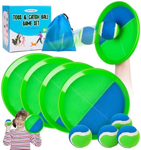 Toss and Catch Ball Game Set, 4 Paddles and 4 Balls Outdoor Paddle Catch Game for Kids, Backyard Beach Pool Yard Toy, Summer Birthday Gift for Boys Girls Ages 4-12