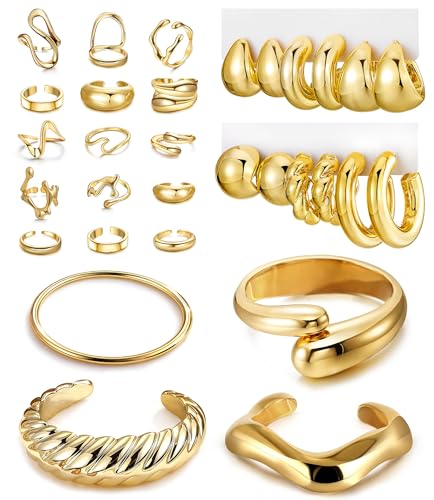 GIFIKOI 31Pcs Gold Jewelry Set for Women Chunky Bangle Cuff Bracelets Statement Hoop Earrings Multipack Stackable Midi Ring Set Lightweight Chunky Jewelry Set