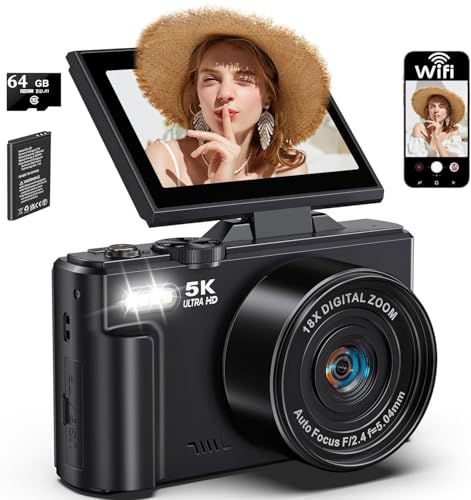 LONGYI Digitalkamera 5K 75MP Kamera Fotokamera und Vlogging mit WiFi, 64GB Karte, 18X Zoom, 3,0' LCD 180° Kompaktkamera Fotoapparat für Reisen, YouTube, Anfänger und Erwachsene (Schwarz)