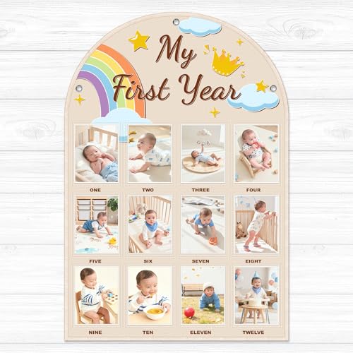 amzoya Baby Monthly Photo Board First Year Milestone Frame with 12 Month Sign Neutral Nursery Decor 1st Birthday Photo Prop for Baby Girl Boy Month by Month Picture Display Keepsake